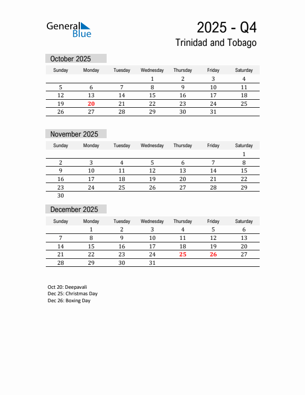 Trinidad and Tobago Quarter 4 2025 Calendar with Holidays