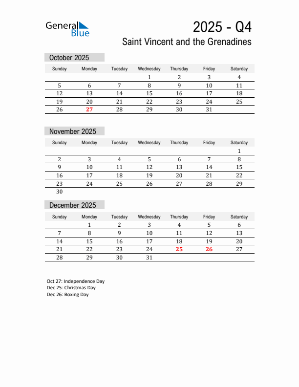 Saint Vincent and the Grenadines Quarter 4 2025 Calendar with Holidays