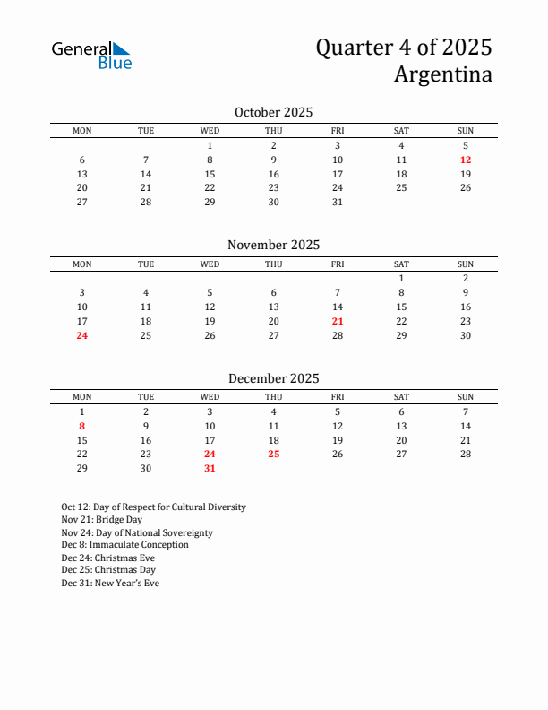 Quarter 4 2025 Argentina Quarterly Calendar