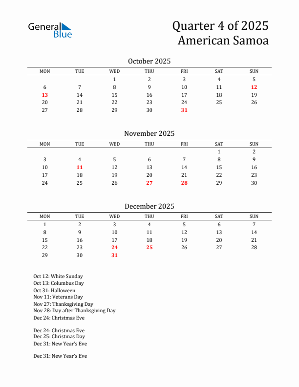 Quarter 4 2025 American Samoa Quarterly Calendar