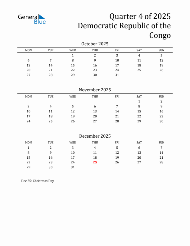 Quarter 4 2025 Democratic Republic of the Congo Quarterly Calendar