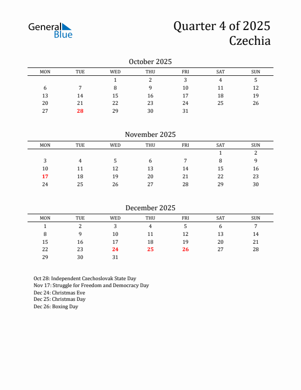 Quarter 4 2025 Czechia Quarterly Calendar