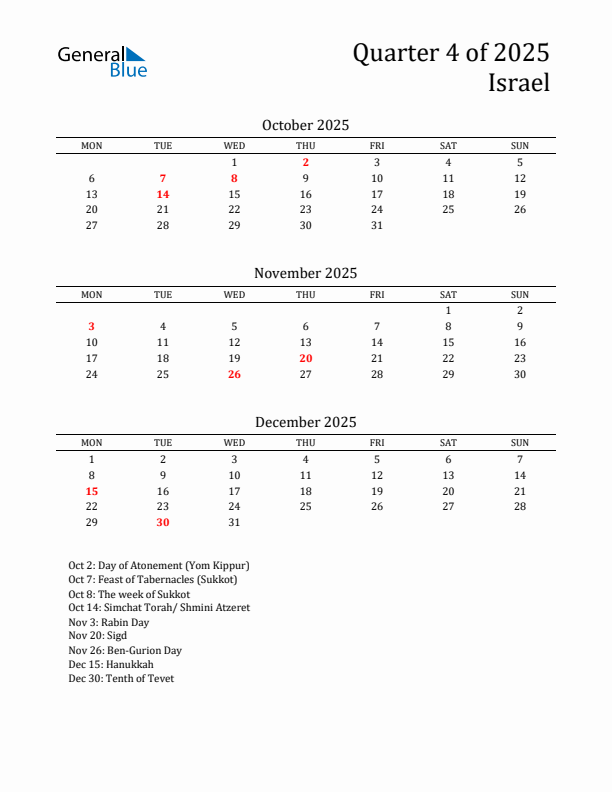 Quarter 4 2025 Israel Quarterly Calendar