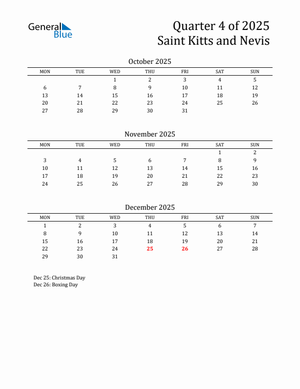 Quarter 4 2025 Saint Kitts and Nevis Quarterly Calendar