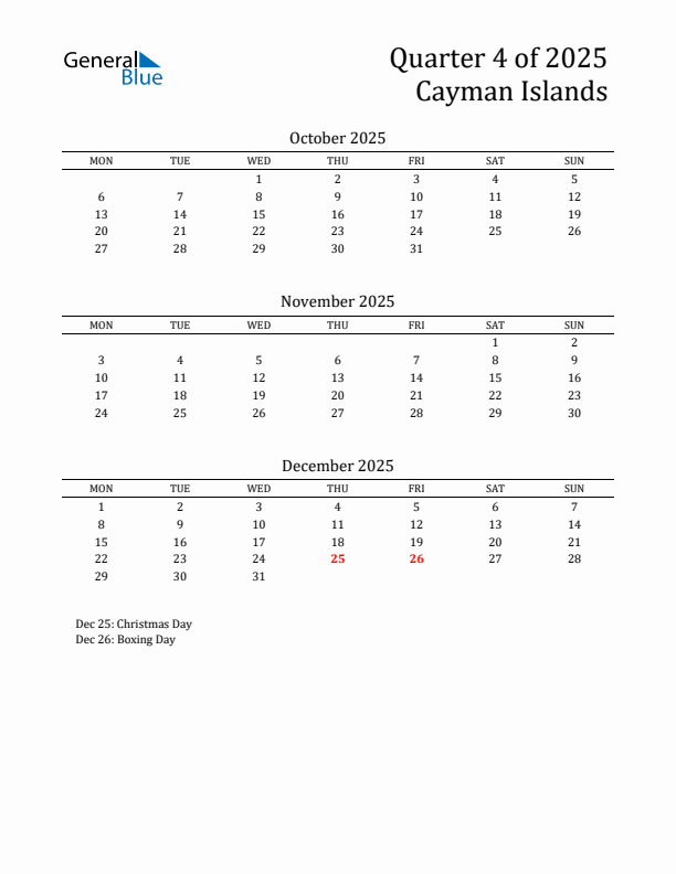 Quarter 4 2025 Cayman Islands Quarterly Calendar