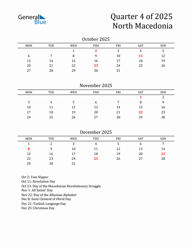 Quarter 4 2025 North Macedonia Quarterly Calendar