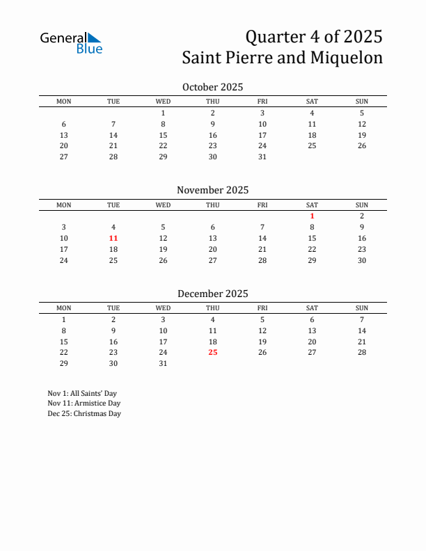 Quarter 4 2025 Saint Pierre and Miquelon Quarterly Calendar