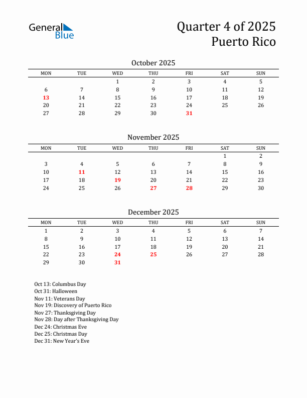 Quarter 4 2025 Puerto Rico Quarterly Calendar