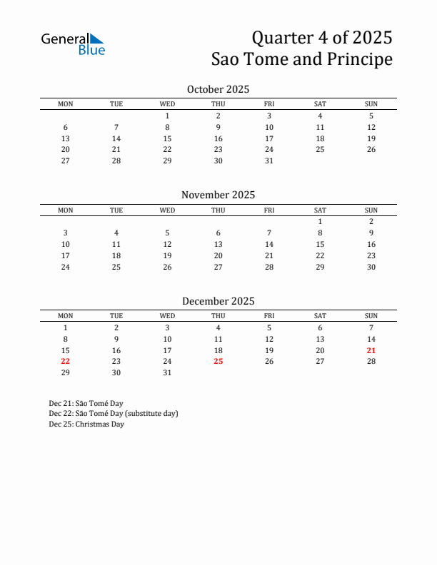 Quarter 4 2025 Sao Tome and Principe Quarterly Calendar