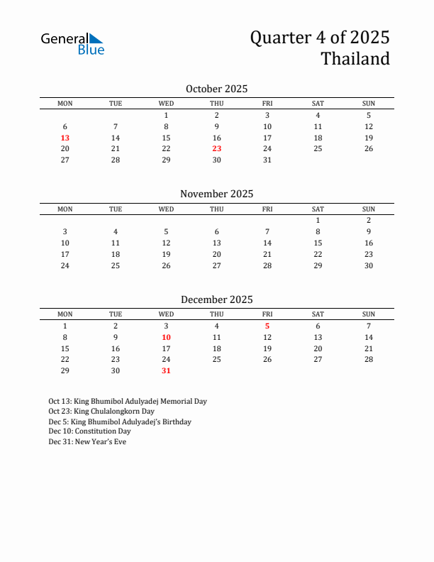 Quarter 4 2025 Thailand Quarterly Calendar