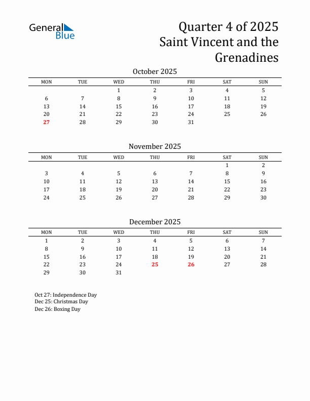 Quarter 4 2025 Saint Vincent and the Grenadines Quarterly Calendar