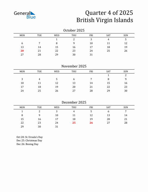 Quarter 4 2025 British Virgin Islands Quarterly Calendar