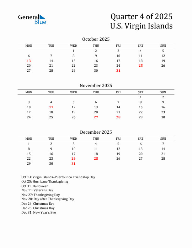 Quarter 4 2025 U.S. Virgin Islands Quarterly Calendar