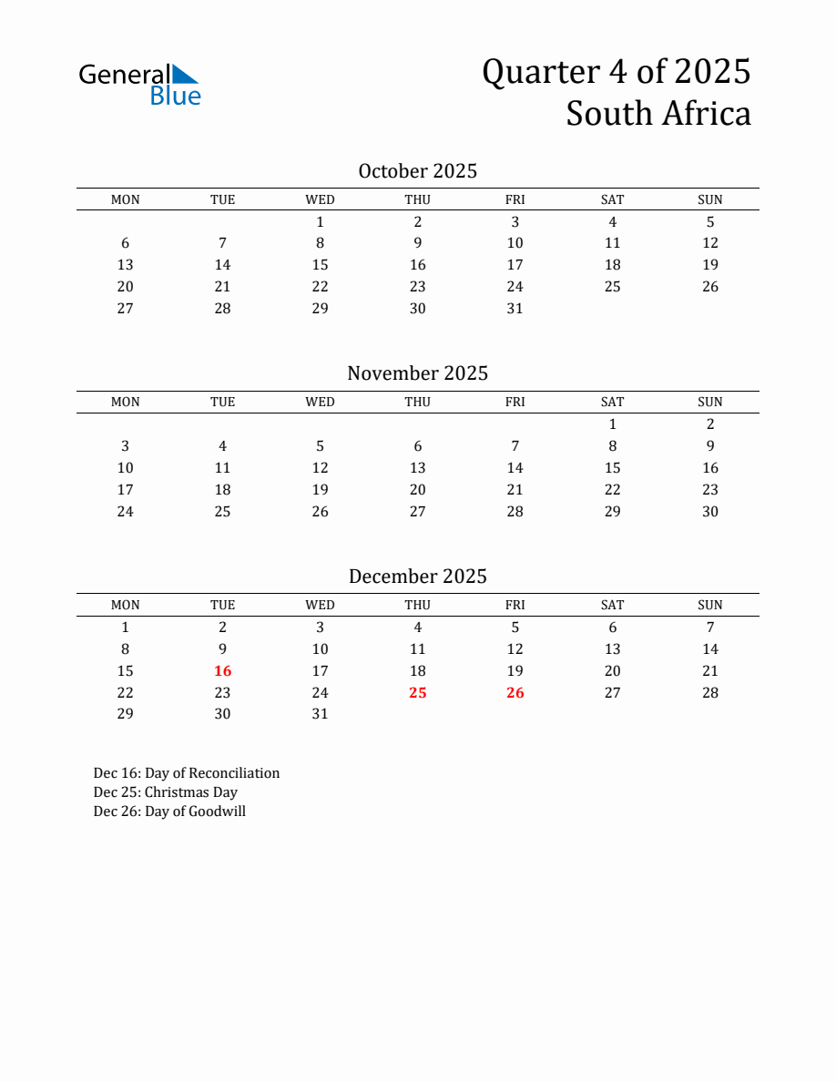 Quarter 4 2025 South Africa Calendar - Monday Start