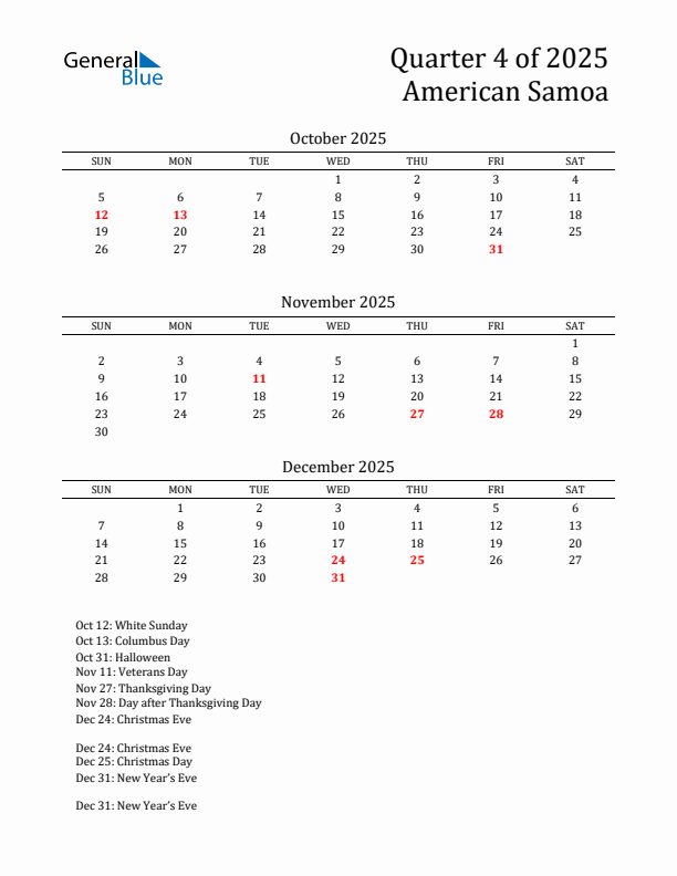 Quarter 4 2025 American Samoa Quarterly Calendar