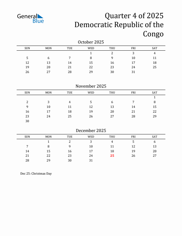 Quarter 4 2025 Democratic Republic of the Congo Quarterly Calendar