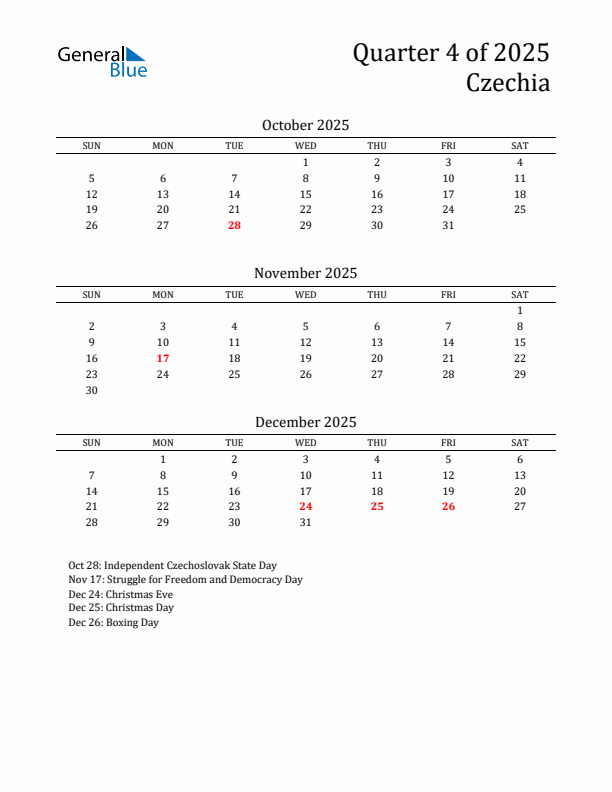 Quarter 4 2025 Czechia Quarterly Calendar