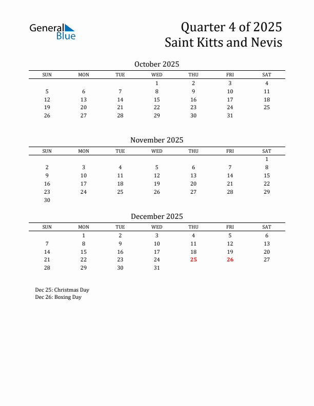 Quarter 4 2025 Saint Kitts and Nevis Quarterly Calendar