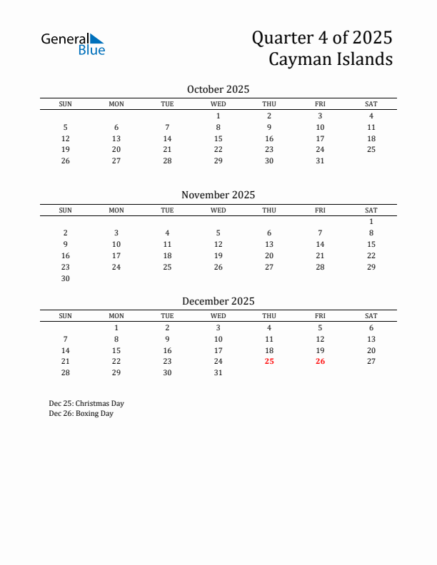 Quarter 4 2025 Cayman Islands Quarterly Calendar