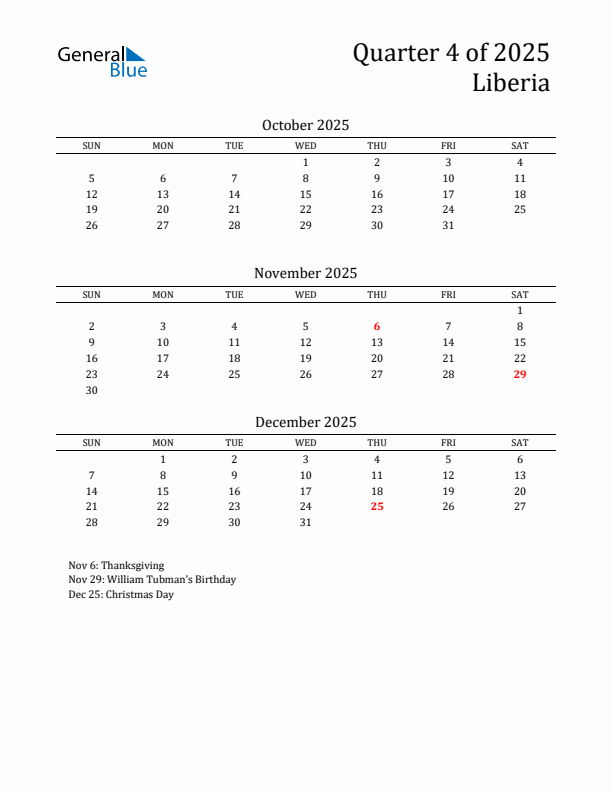 Quarter 4 2025 Liberia Quarterly Calendar