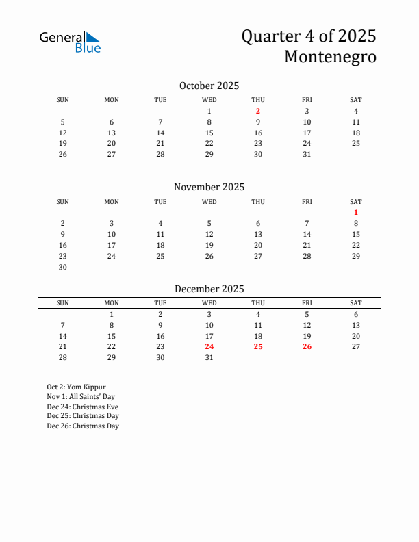 Quarter 4 2025 Montenegro Quarterly Calendar