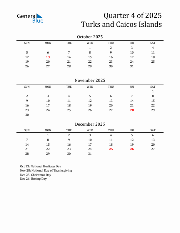 Quarter 4 2025 Turks and Caicos Islands Quarterly Calendar