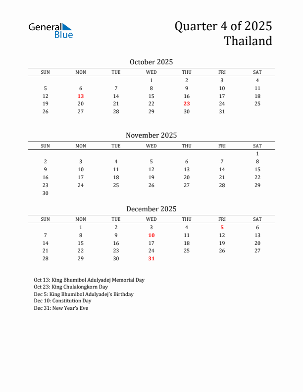 Quarter 4 2025 Thailand Quarterly Calendar