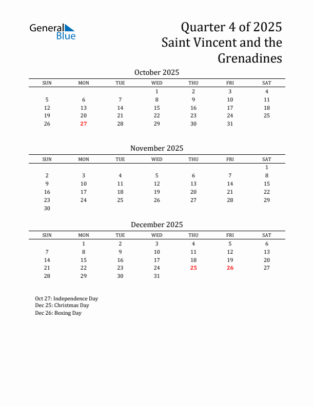 Quarter 4 2025 Saint Vincent and the Grenadines Quarterly Calendar