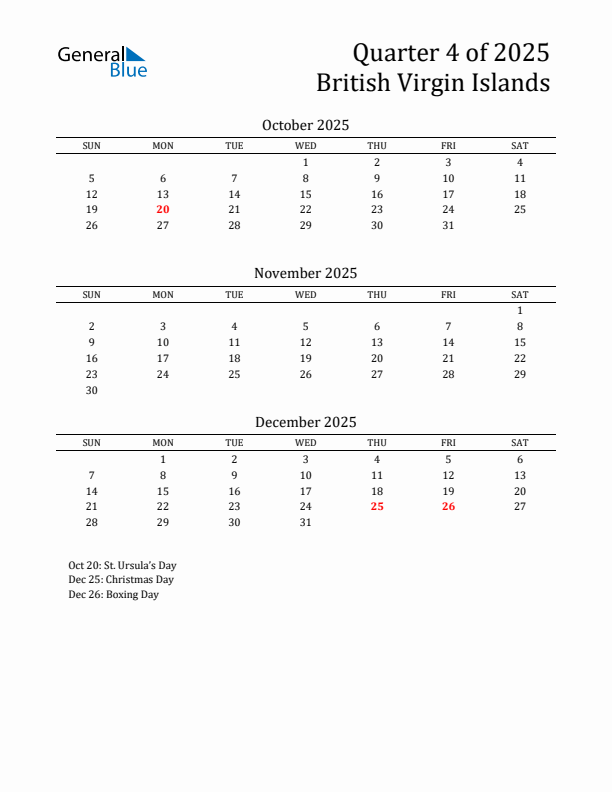 Quarter 4 2025 British Virgin Islands Quarterly Calendar