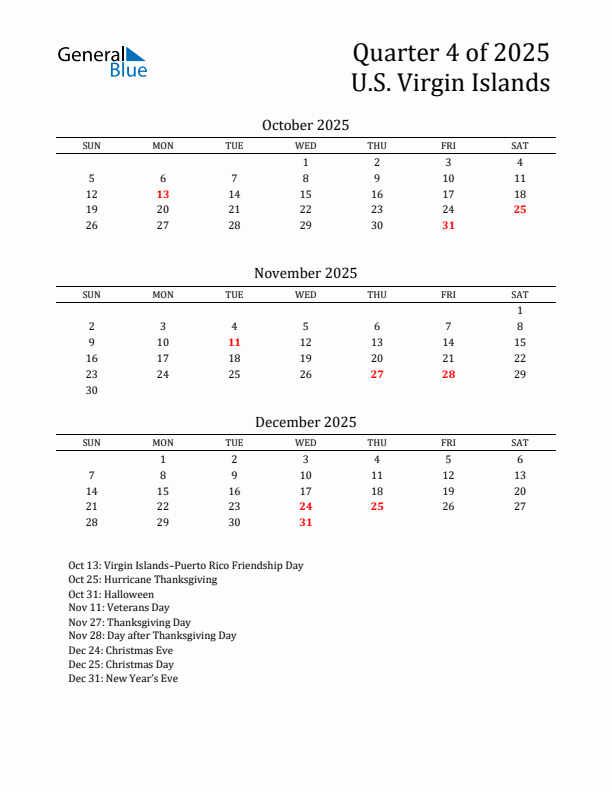 Quarter 4 2025 U.S. Virgin Islands Quarterly Calendar