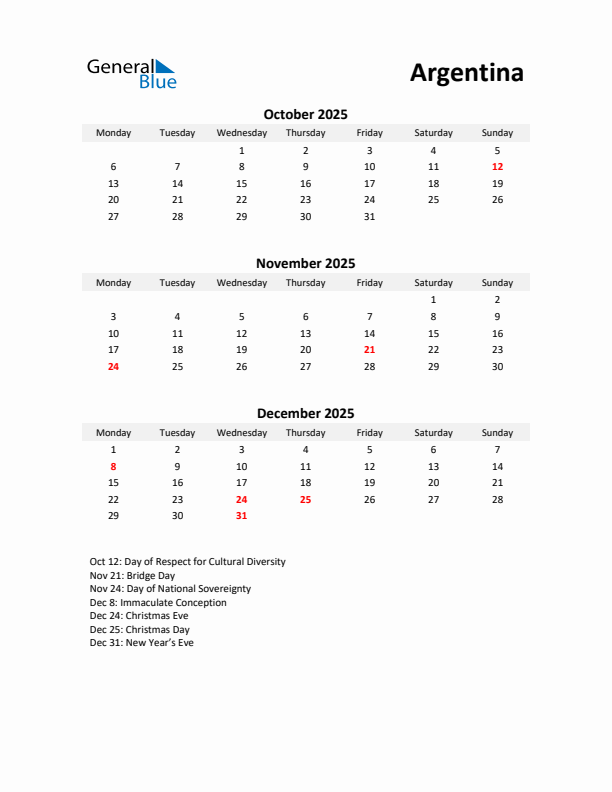 Printable Quarterly Calendar with Notes and Argentina Holidays- Q4 of 2025