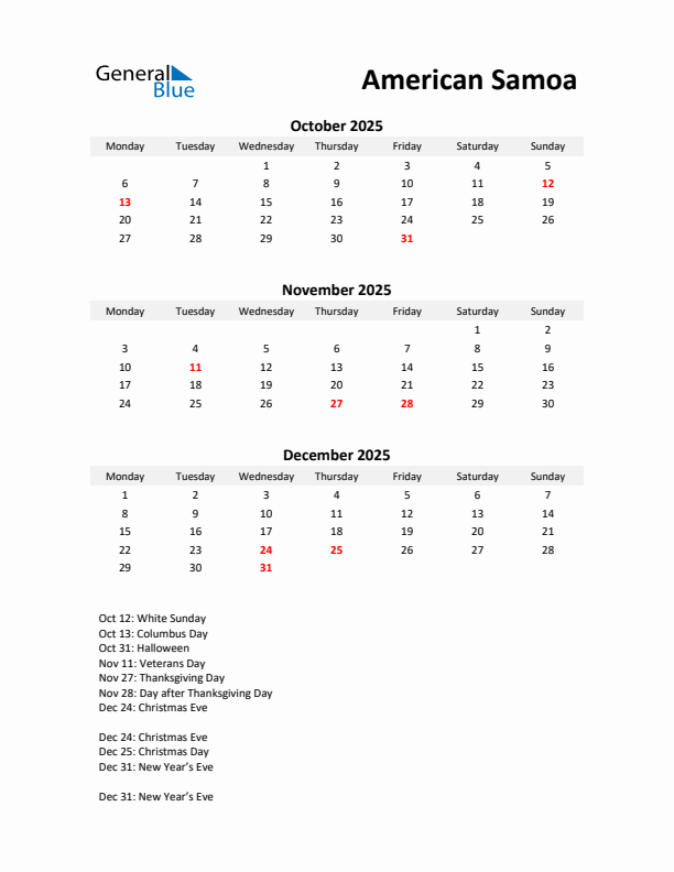 Printable Quarterly Calendar with Notes and American Samoa Holidays- Q4 of 2025