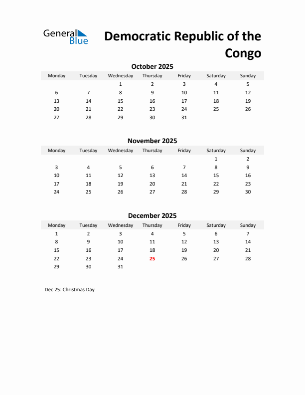 Printable Quarterly Calendar with Notes and Democratic Republic of the Congo Holidays- Q4 of 2025