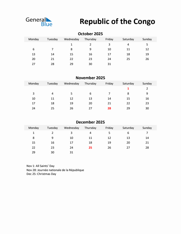 Printable Quarterly Calendar with Notes and Republic of the Congo Holidays- Q4 of 2025