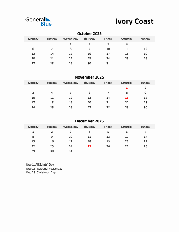 Printable Quarterly Calendar with Notes and Ivory Coast Holidays- Q4 of 2025