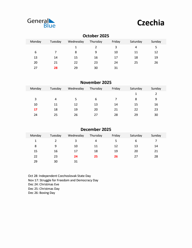 Printable Quarterly Calendar with Notes and Czechia Holidays- Q4 of 2025