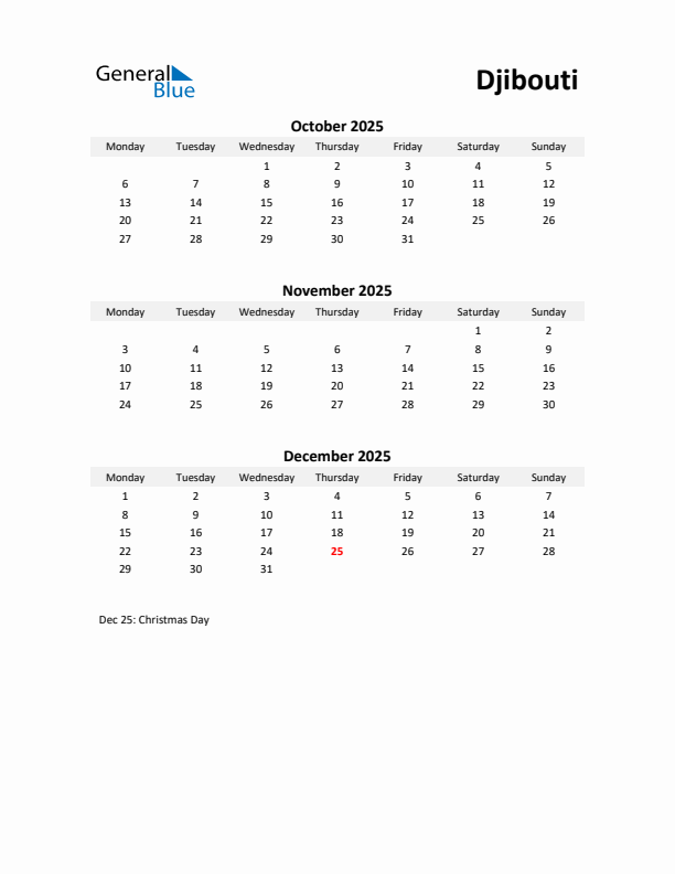 Printable Quarterly Calendar with Notes and Djibouti Holidays- Q4 of 2025