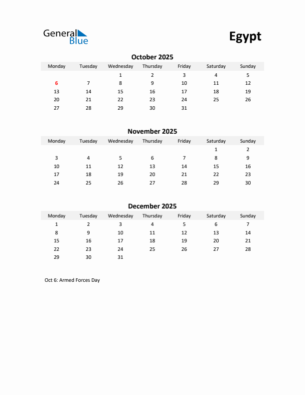 Printable Quarterly Calendar with Notes and Egypt Holidays- Q4 of 2025