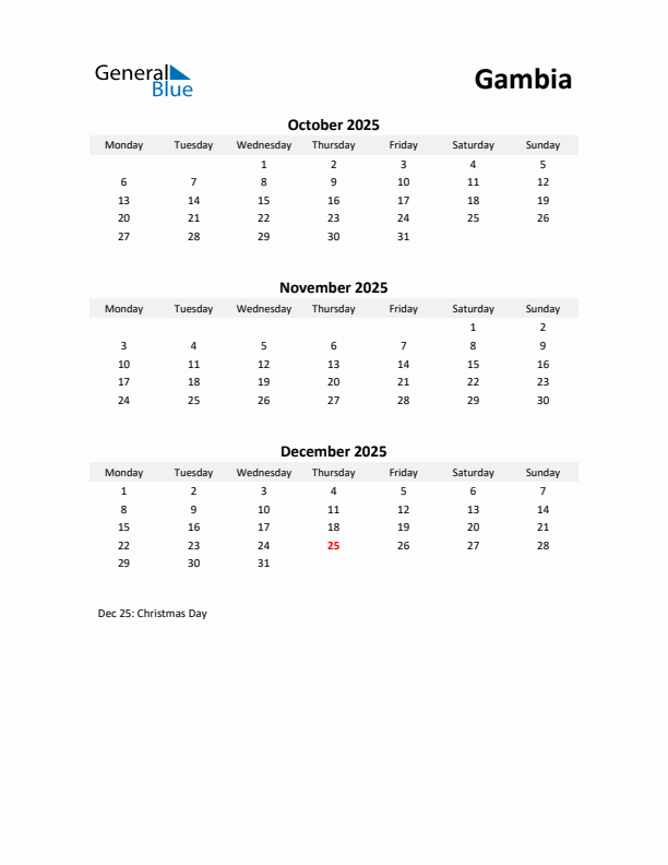 Printable Quarterly Calendar with Notes and Gambia Holidays- Q4 of 2025