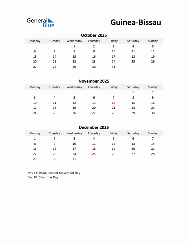 Printable Quarterly Calendar with Notes and Guinea-Bissau Holidays- Q4 of 2025