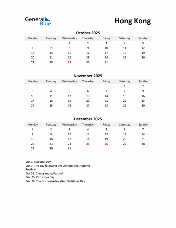 Printable Quarterly Calendar with Notes and Hong Kong Holidays- Q4 of 2025