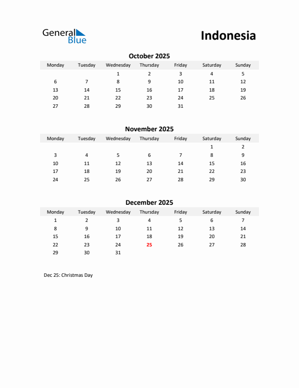 Printable Quarterly Calendar with Notes and Indonesia Holidays- Q4 of 2025