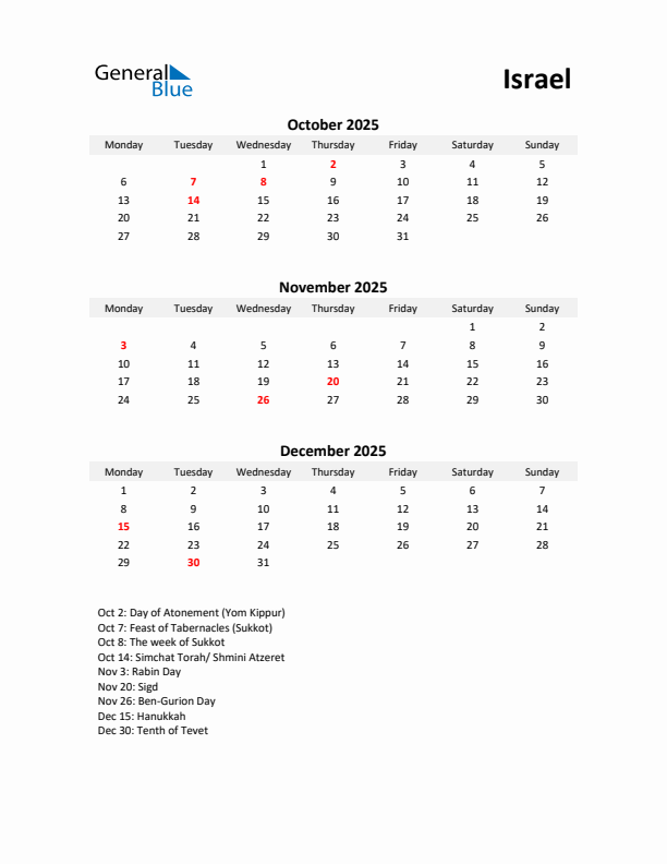 Printable Quarterly Calendar with Notes and Israel Holidays- Q4 of 2025