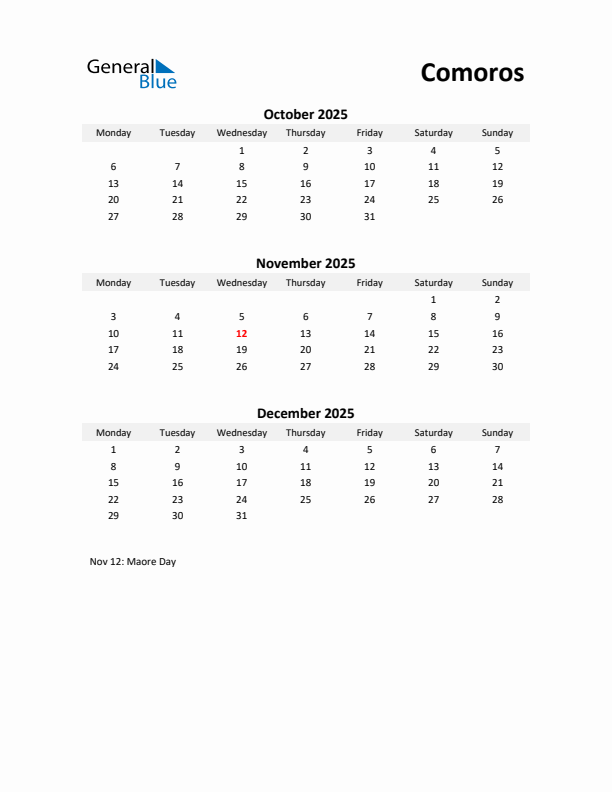 Printable Quarterly Calendar with Notes and Comoros Holidays- Q4 of 2025