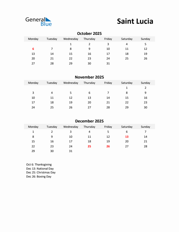 Printable Quarterly Calendar with Notes and Saint Lucia Holidays- Q4 of 2025