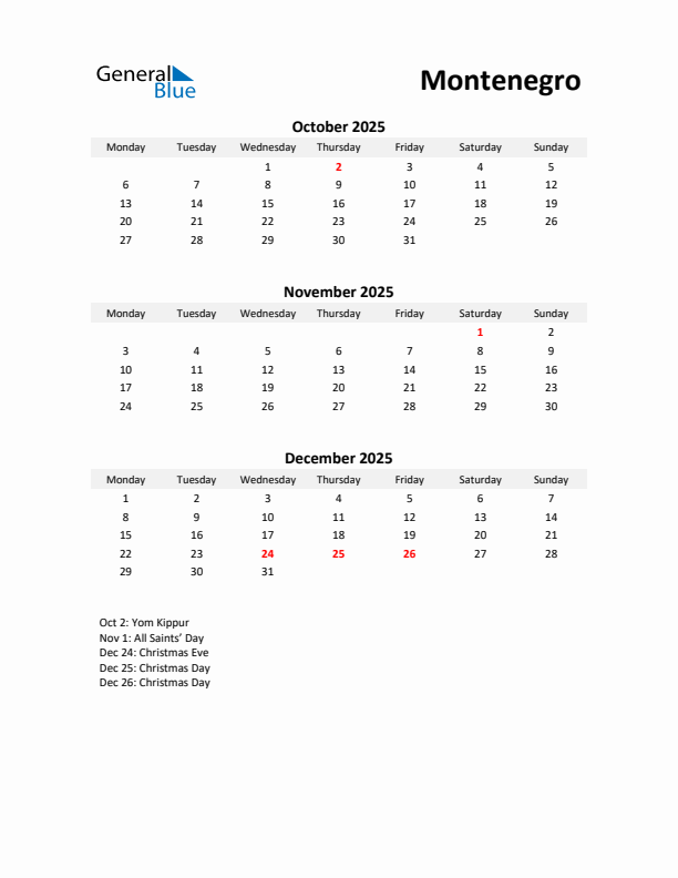 Printable Quarterly Calendar with Notes and Montenegro Holidays- Q4 of 2025