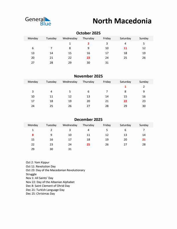 Printable Quarterly Calendar with Notes and North Macedonia Holidays- Q4 of 2025