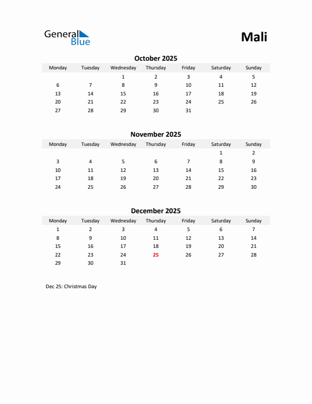 Printable Quarterly Calendar with Notes and Mali Holidays- Q4 of 2025
