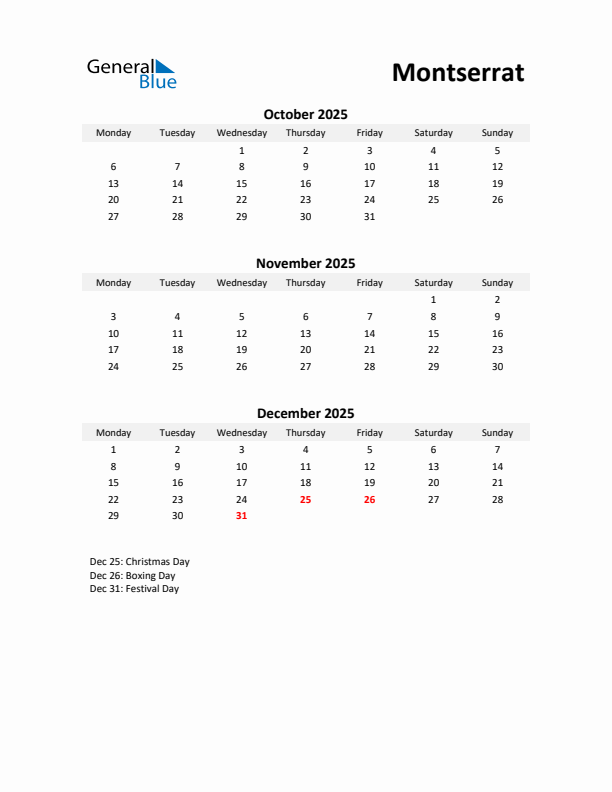 Printable Quarterly Calendar with Notes and Montserrat Holidays- Q4 of 2025
