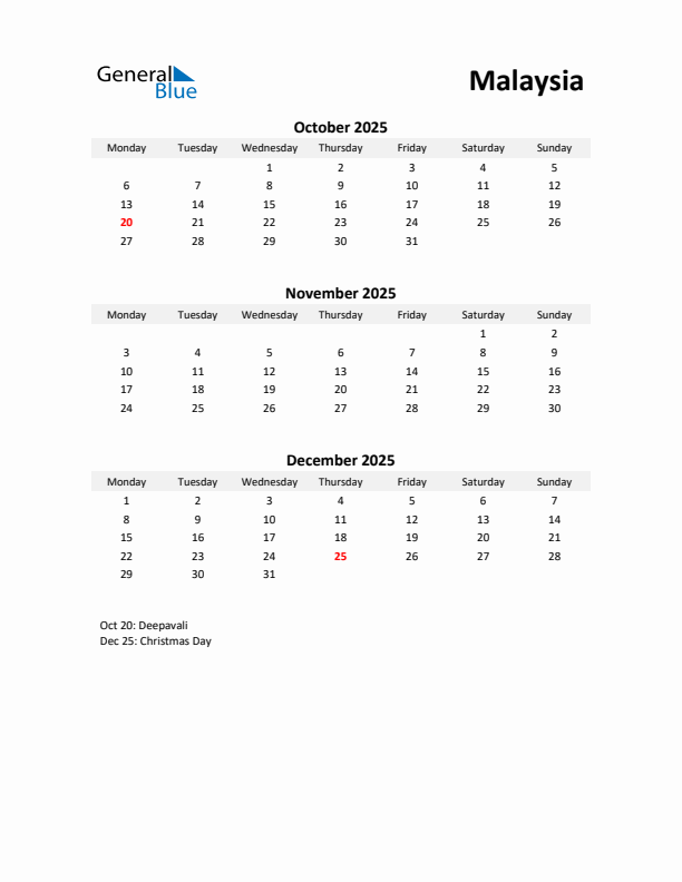 Printable Quarterly Calendar with Notes and Malaysia Holidays- Q4 of 2025